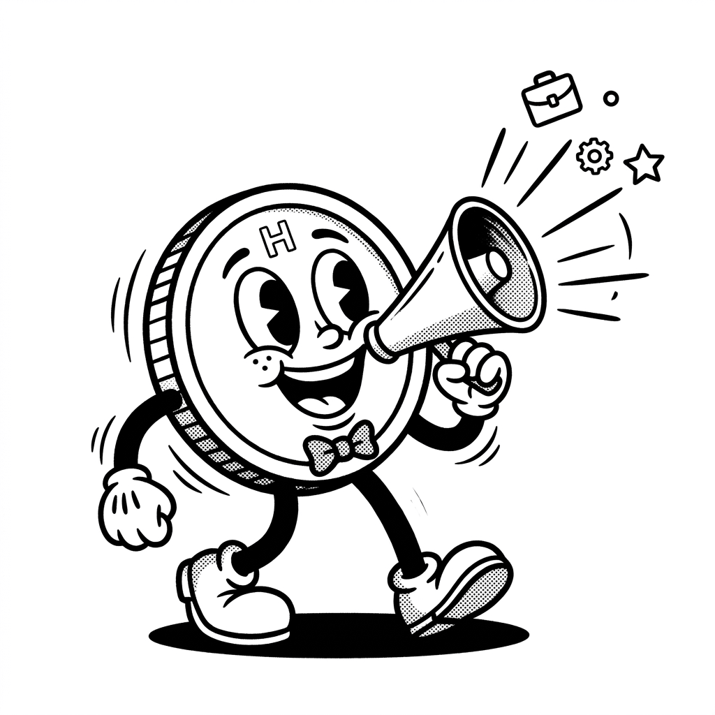 Mascotte HiRingz annonçant des offres avec un mégaphone