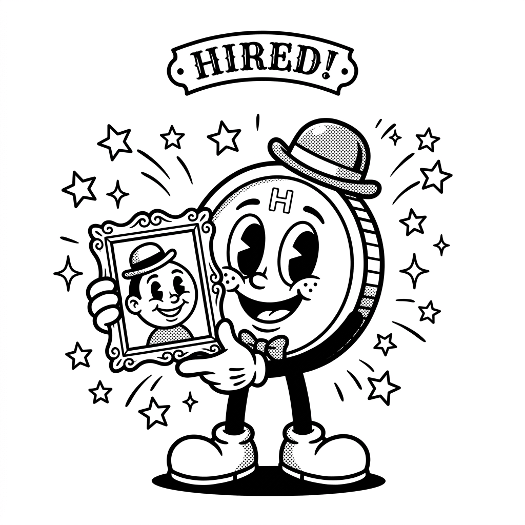 Mascotte HiRingz célébrant une embauche avec la bannière HIRED